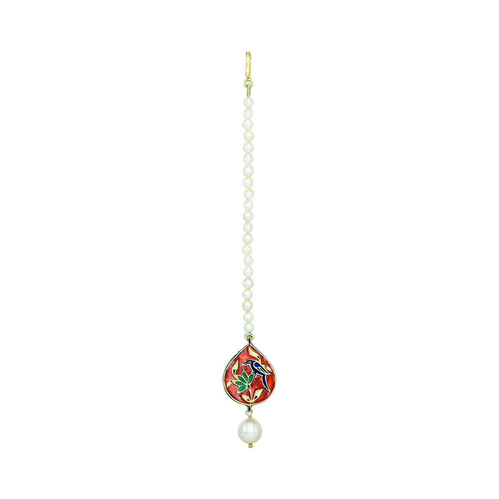 Red Enamel Polki Mangtikka with Pearl Strand and Drop